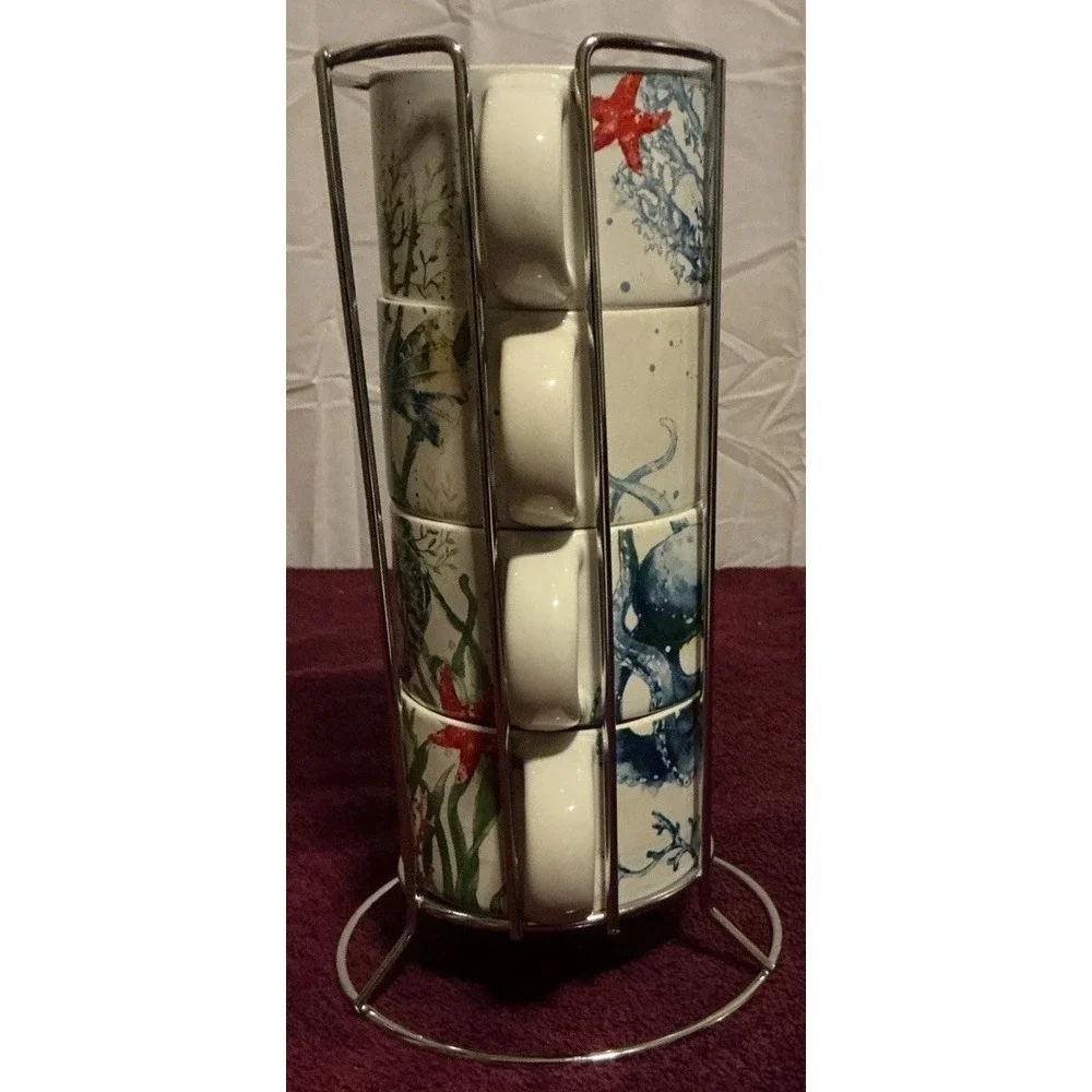 Pier 1 Sea Life 4 Stackable Mugs Set Seahorse Octopus Angelfish Crab